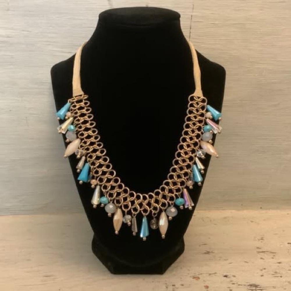 Beaded Chandelier Brass‎ Chainmail Suede Statement Necklace Like New